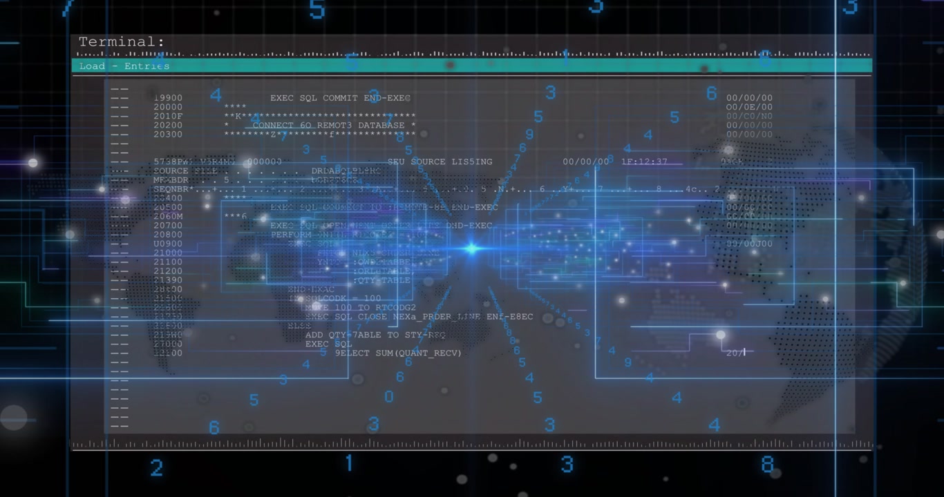 Digits converging on glowing nexus, console fading and SQL commands streaming for database commit
