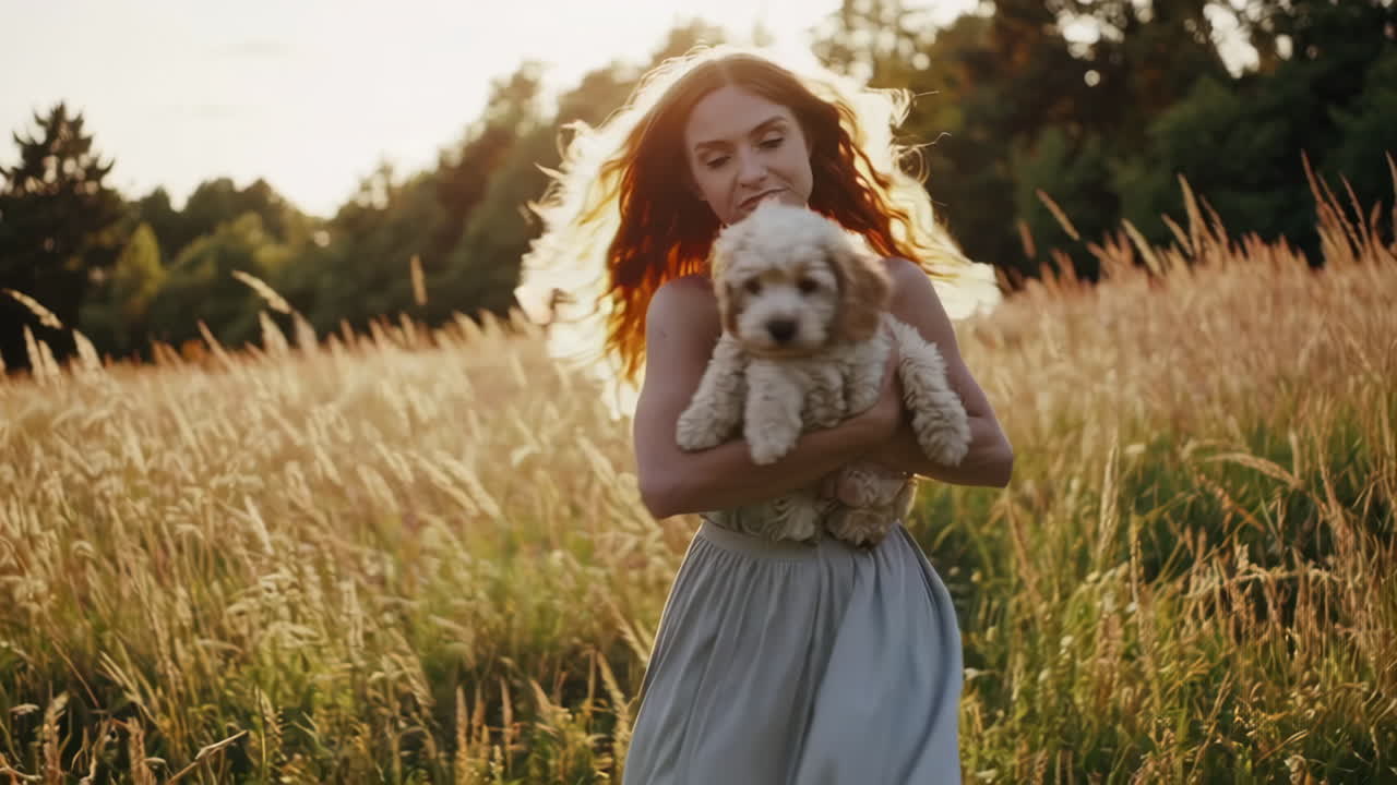 Woman and Puppy Enjoying Golden Hour in a Field