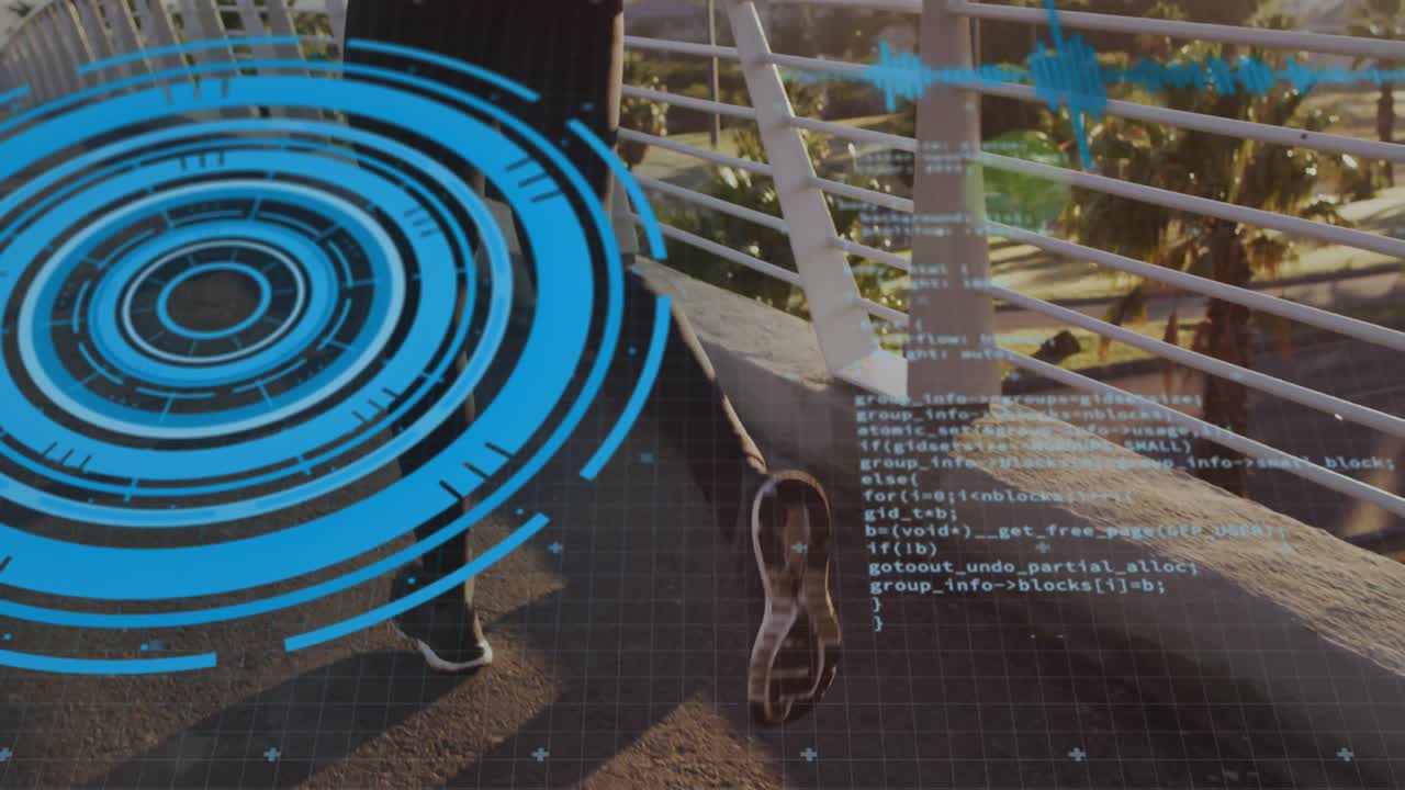 animación de círculos de carga, lenguaje informático sobre hombre afroamericano corriendo por la calle