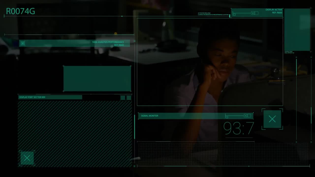 Animation of interface with data processing over african american woman working late at office