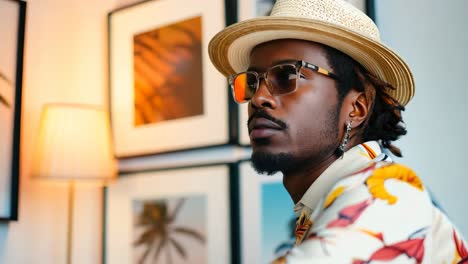 a man wearing a hat and sunglasses sitting in front of a wall