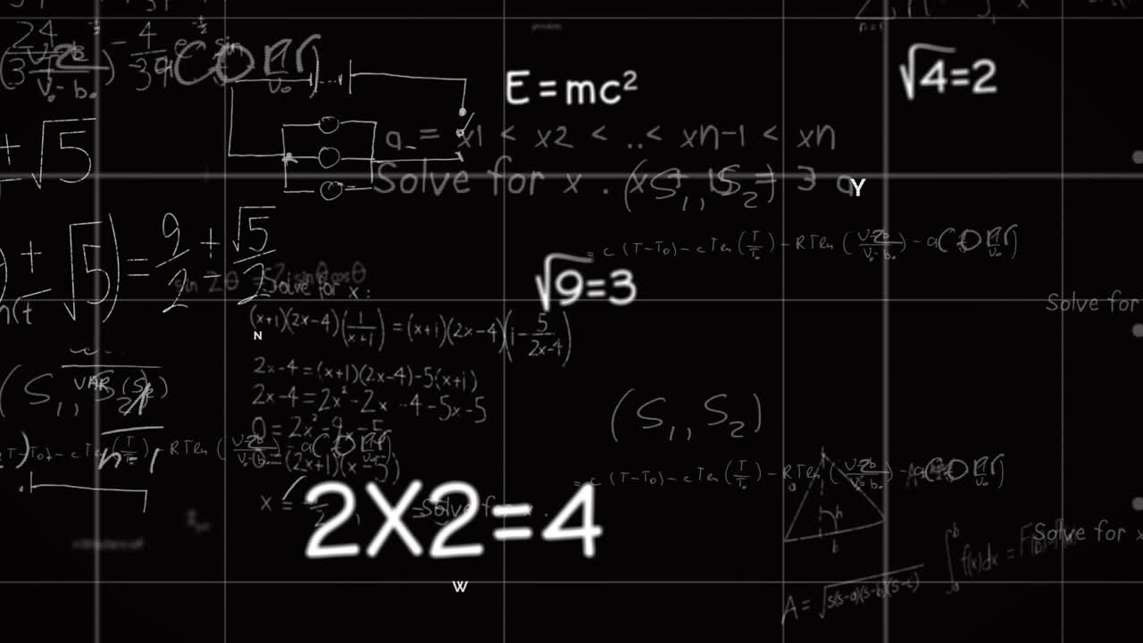 Animation of mathematical equations and formulas floating over grid network against black background