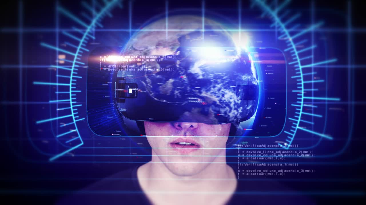 un joven guapo con auriculares vr y experimentando la realidad virtual.