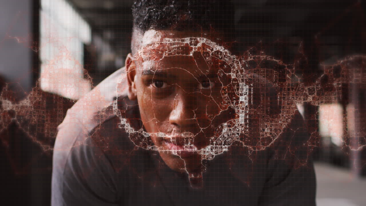 cerebro humano girando contra el retrato de un hombre afroamericano cansado