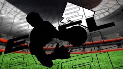 Animation-of-words-level-up-with-football-goalkeeper-silhouette-and-speech-bubble-on-sports-stadium