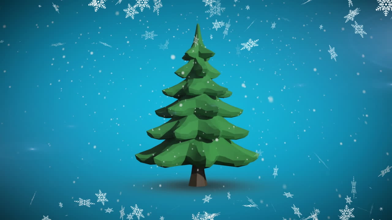 Animation of snow falling over chritmas tree on blue background