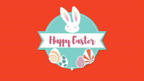 animated closeup happy easter text and rabbits on red background