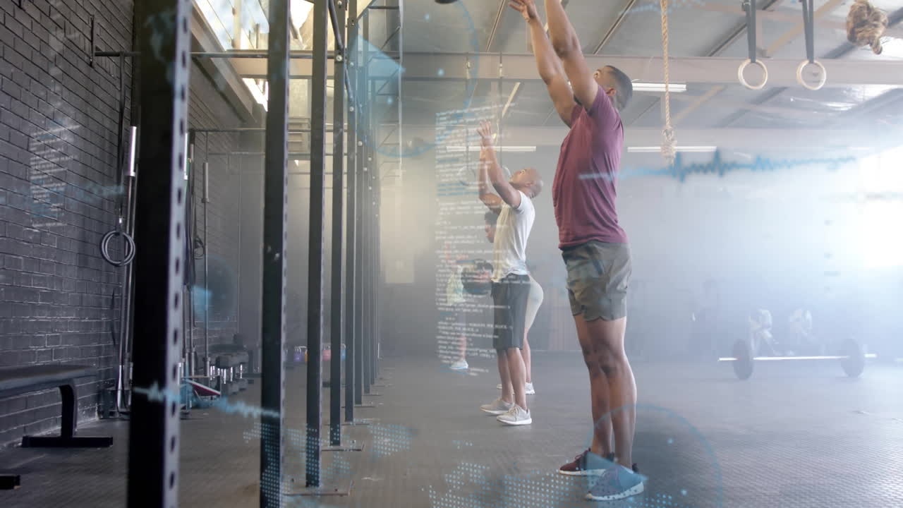 People exercising in gym with digital data processing animation overlay