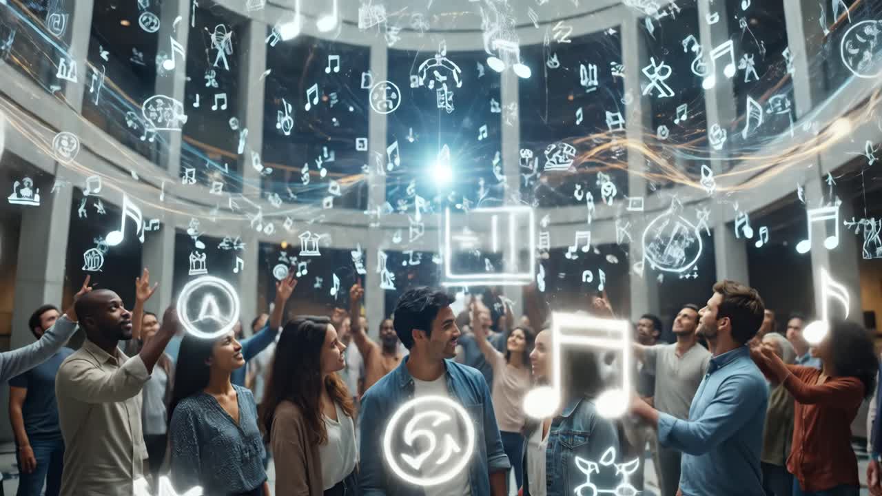 Diverse Group of People Interacting with Holographic Musical Display