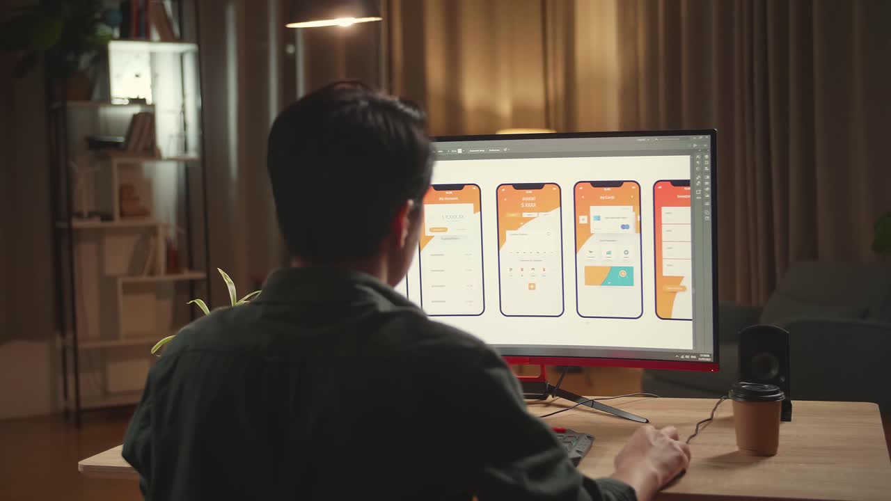 Tired Asian Male Mobile Application Developer Works With Graphics On His Personal Computer. He Works At Night