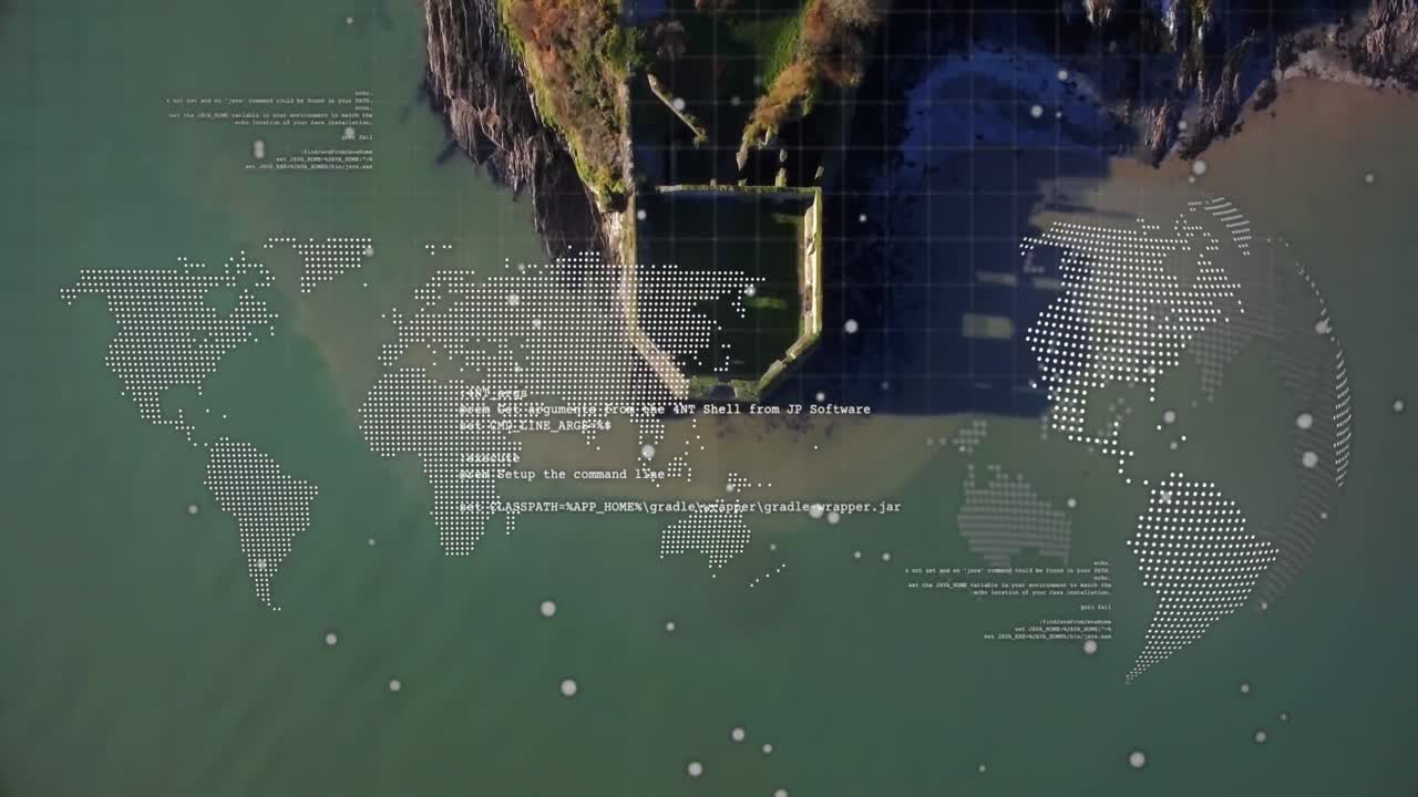 Animation of world map and globe over seashore with cliffs