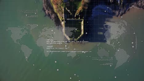 animación de mapa del mundo y globo sobre la orilla del mar con acantilados