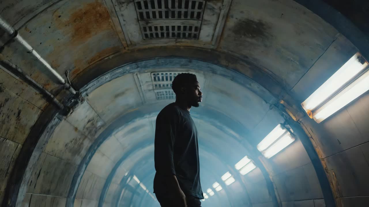 Man Walking Through a Mysterious Dark Tunnel