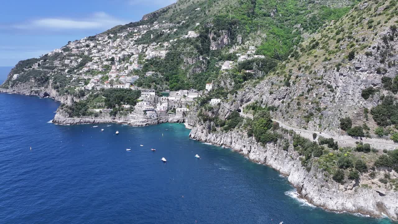 Amalfi Coast At Praiano In Salerno Italy. Coastal City. Waterfront Landscape. Amalfi Coast At Praiano In Salerno Italy. Beach Scenery. Medieval Buildings. Amalfi Coast Skyline