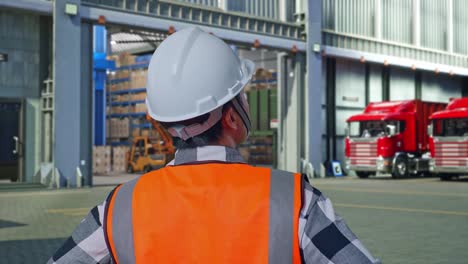 close up back view of a male engineer wearing safety helmet looking around while standing with arms akimbo , outside of logistics distributions warehouse