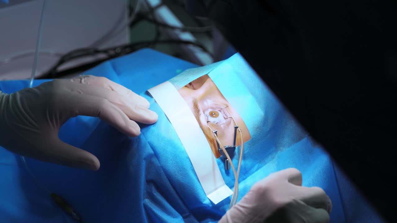 레이저 시력 교정: 안과 수술 중에 수술실에 있는 환자와 수술팀; 눈꺼풀 스럼; 라식 치료; 불임 개 아래의 환자