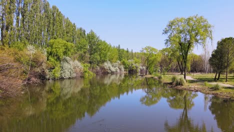 a drone fly just above the black river with reflections flowing through summer nature on a sunny day