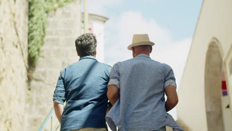 back view of happy gay couple going upstairs and dancing