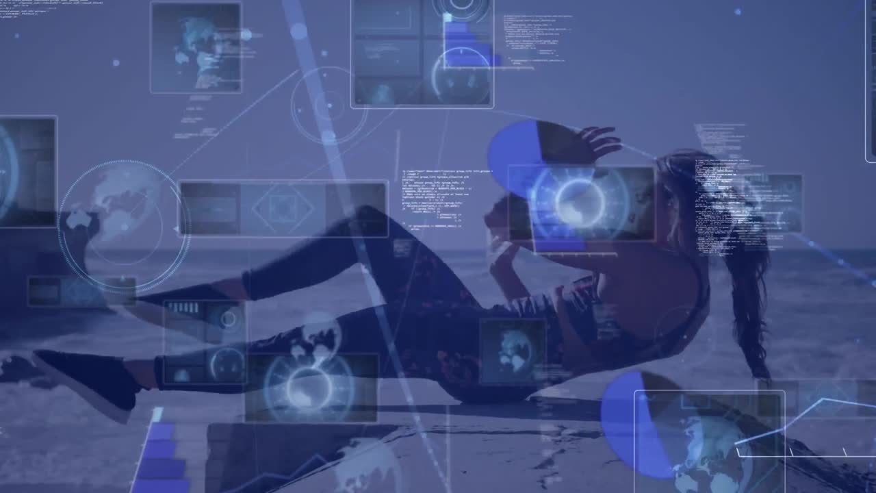 animación del procesamiento de datos sobre mujeres que hacen ejercicio al aire libre