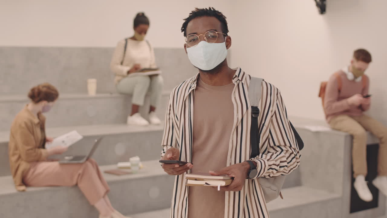 Portrait of Male Afro American Student in Face Mask