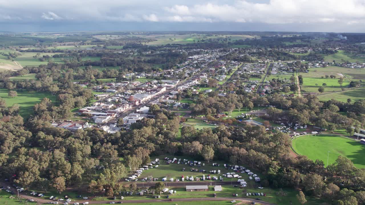Aerial view of the town of Casterton and surrounding landscape in western Victoria, Australia. June 2023.