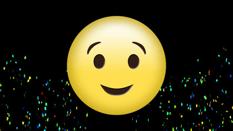 animation of multi coloured confetti falling over smiling emoji on black