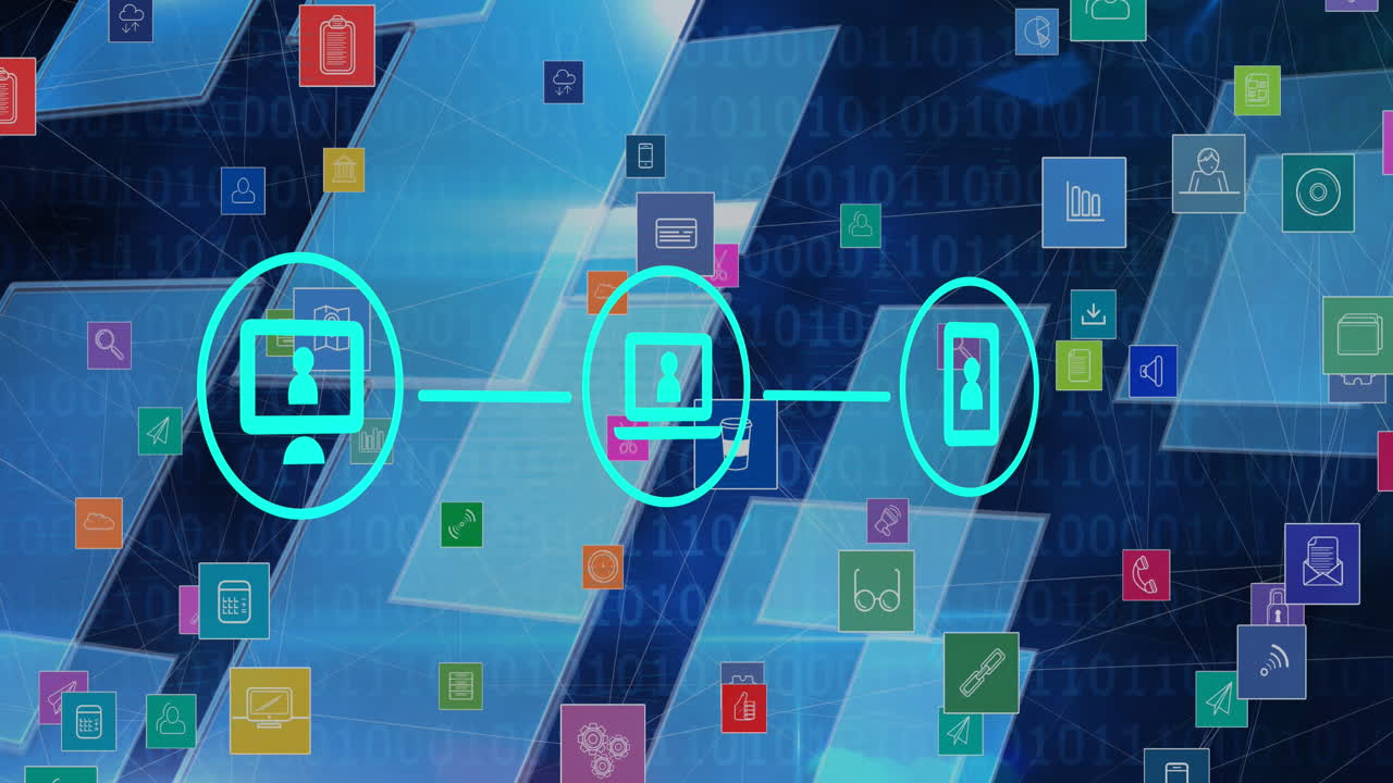 animación de iconos digitales sobre pantallas azules y codificación binaria