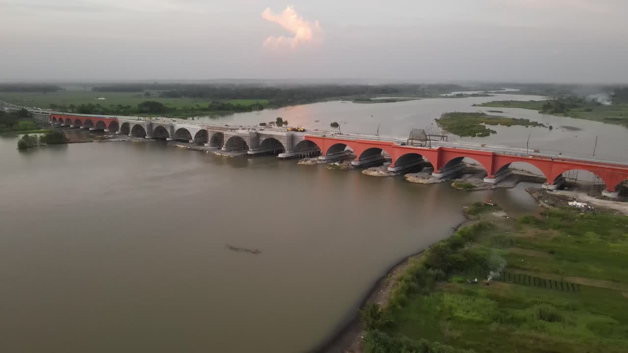 Aerial view of Pandansimo Bridge in Yogyakarta, the southern Java cross bridge is under construction. Adjacent to Baru Beach.