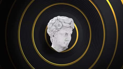 animation of distorting male classical sculpture bust distorting over gold rings on black background