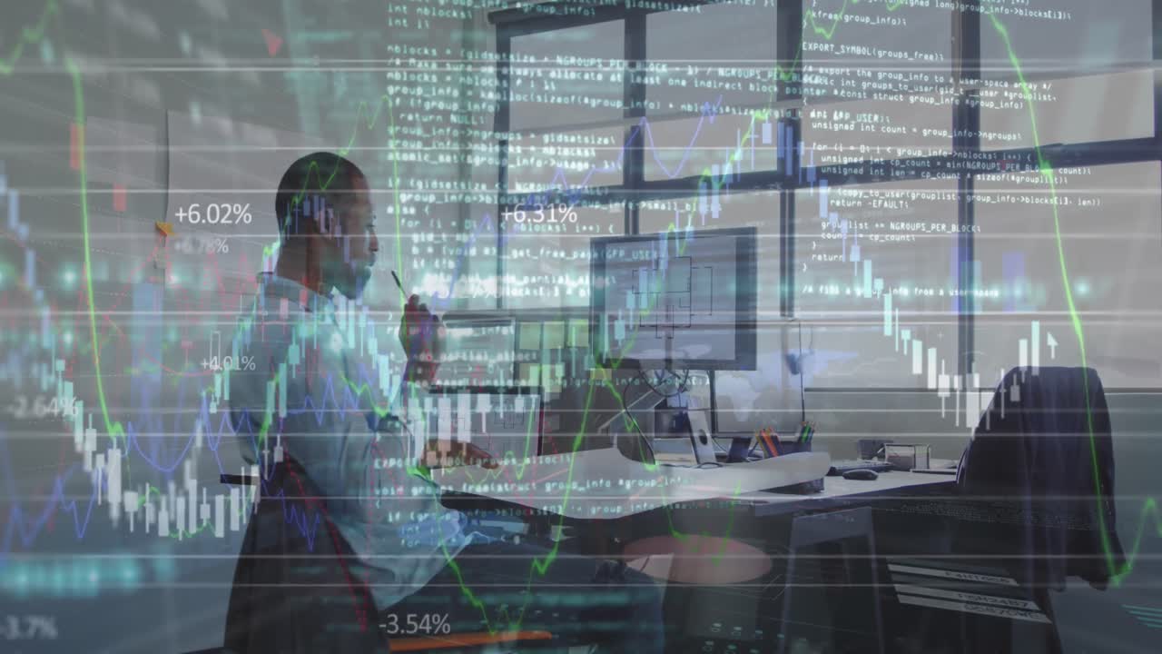 animación de datos financieros sobre un hombre de negocios afroamericano que trabaja en una computadora portátil en la oficina
