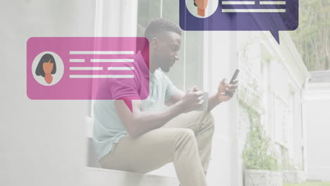 Animation of social media icons with speech bubbles over caucasian woman using smartphone