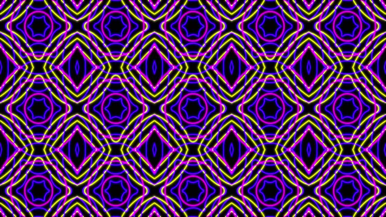 Animation of kaleidoscope neon pattern moving in hypnotic motion on seamless loop
