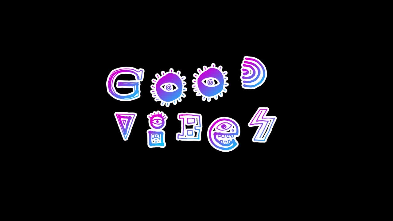 Seamless funny animation of doodles handwritten text good vibes isolated on a white background. Stop motion zine culture video loop.