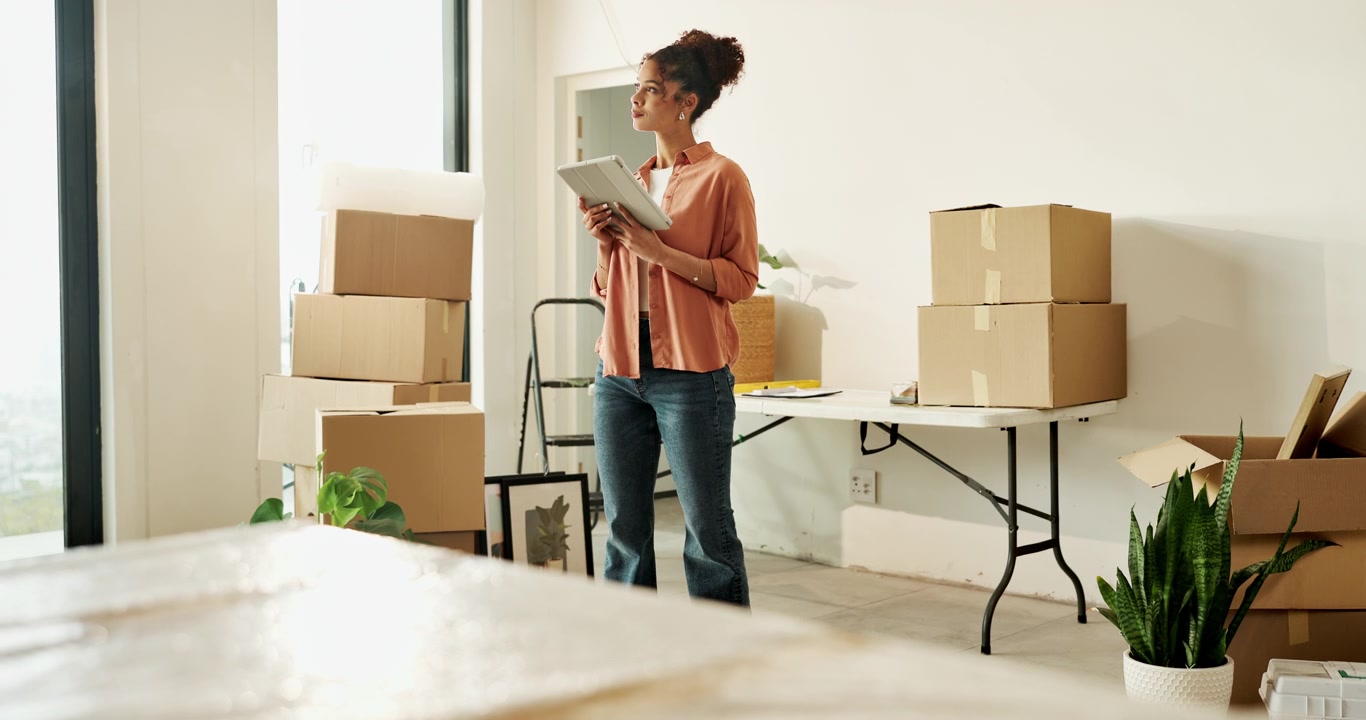 Young Woman Using Tablet in New Home Surrounded by Moving Boxes