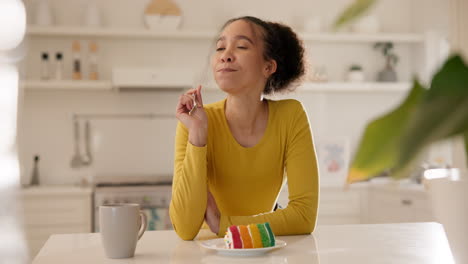 Woman-eating,-delicious-cake