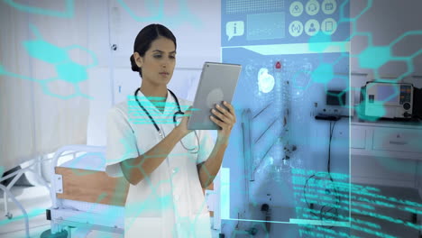 animation of scientific data processing over biracial female doctor using tablet