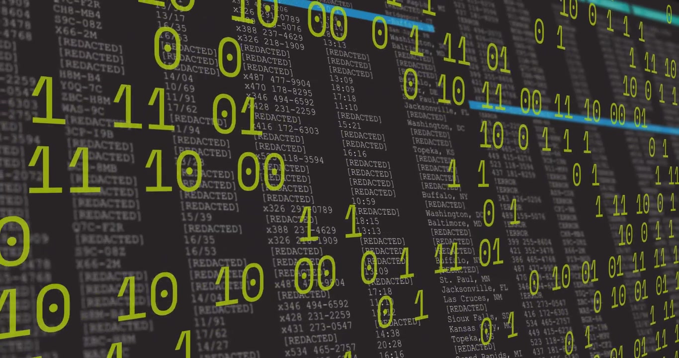 Digital Data Stream with Binary Code and Redacted Information