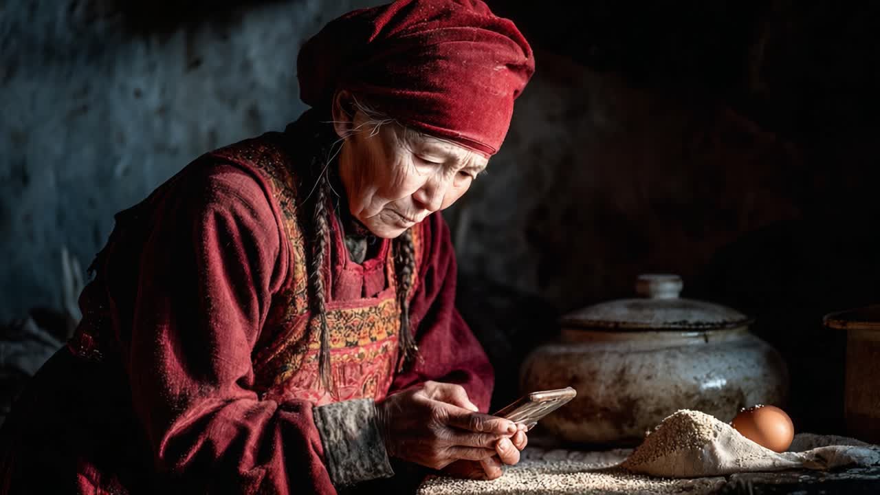 An Elderly Woman in Traditional Attire Engaged with a Smartphone Amidst a Rustic Kitchen Setting, Emphasizing the Blend of Tradition and Modern Technology