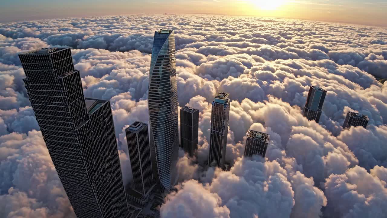 Aerial view of skyscrapers piercing through clouds at sunrise, creating a surreal, cinematic video