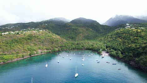 moored boats in anse a la barque bay with tropical forest and mountains in background, guadeloupe, french antilles