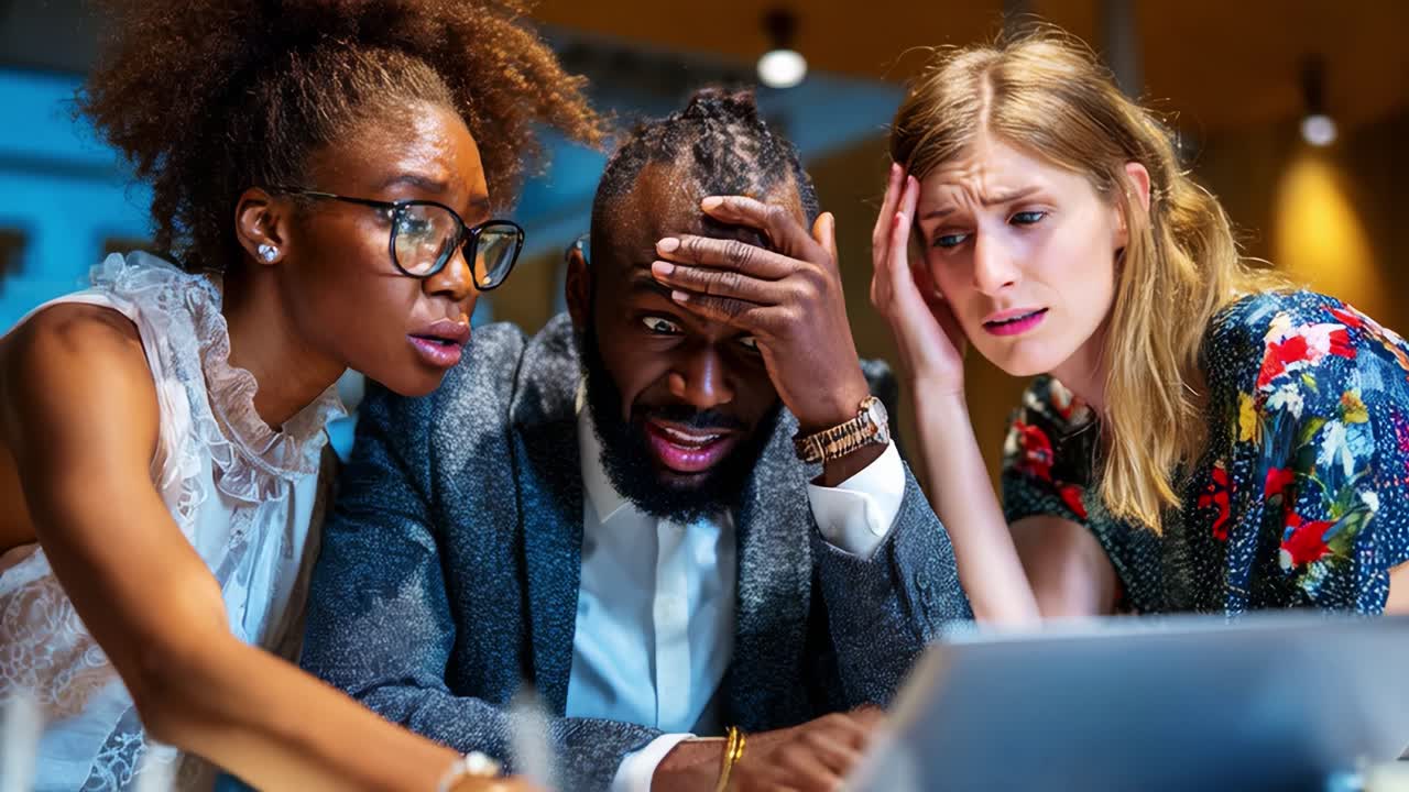 Three colleagues experiencing intense emotions while intensely discussing a challenging project at their workspace, showcasing anxiety, frustration, and engagement in problem-solving