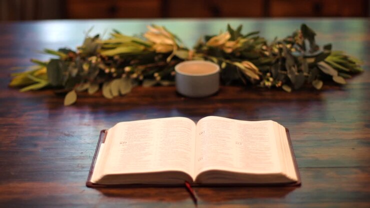 Pan over Bible sitting on table