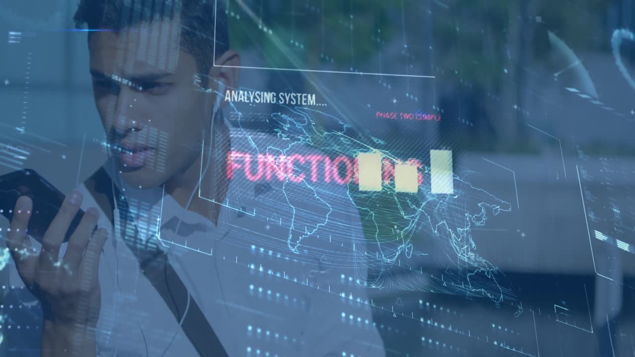 animación del procesamiento de datos sobre una mujer que usa un teléfono inteligente