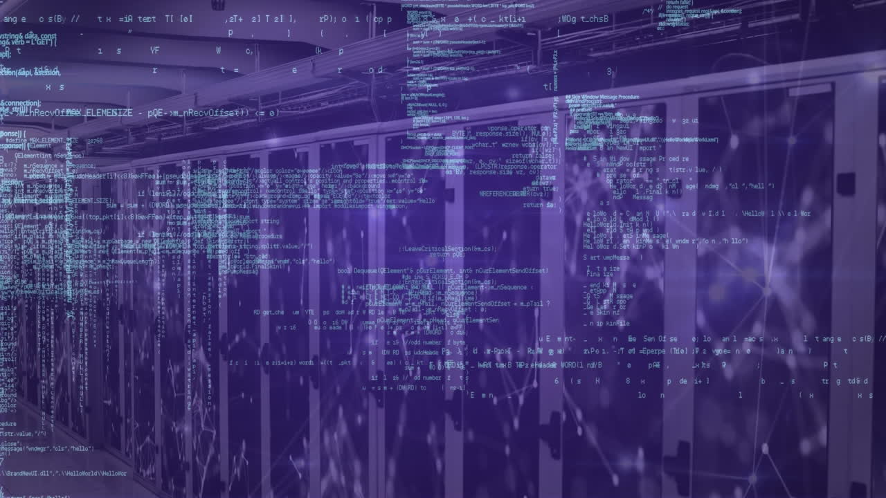 Animation of data processing and network of connections over server room