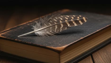 a delicate feather resting on a vintage book cover, capturing the essence of literature and nature in a harmonious still life composition