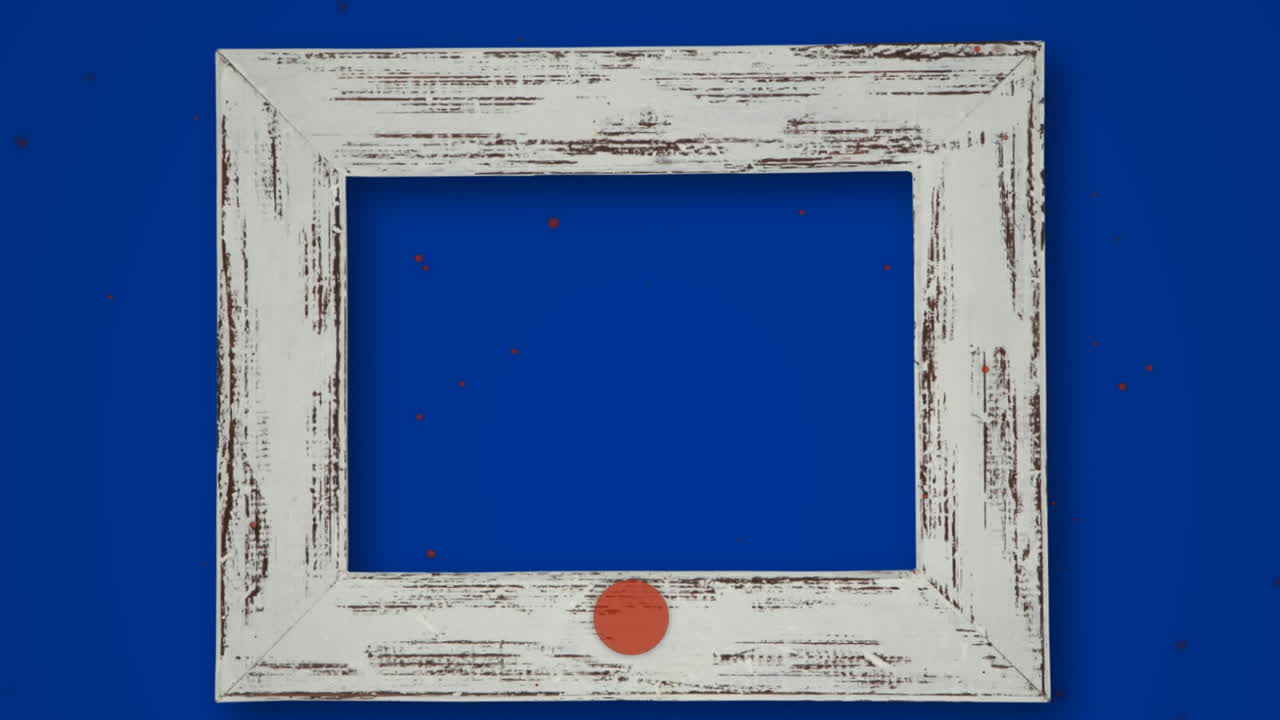 파란색 배경에 복사 공간과 함께 목조 프레임 위에 떠있는 점의 애니메이션