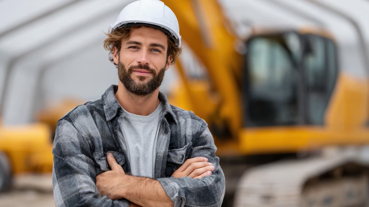 A confident construction worker, wearing a safety helmet, stands with a thoughtful expression in front of heavy machinery, embodying professionalism and dedication in the field