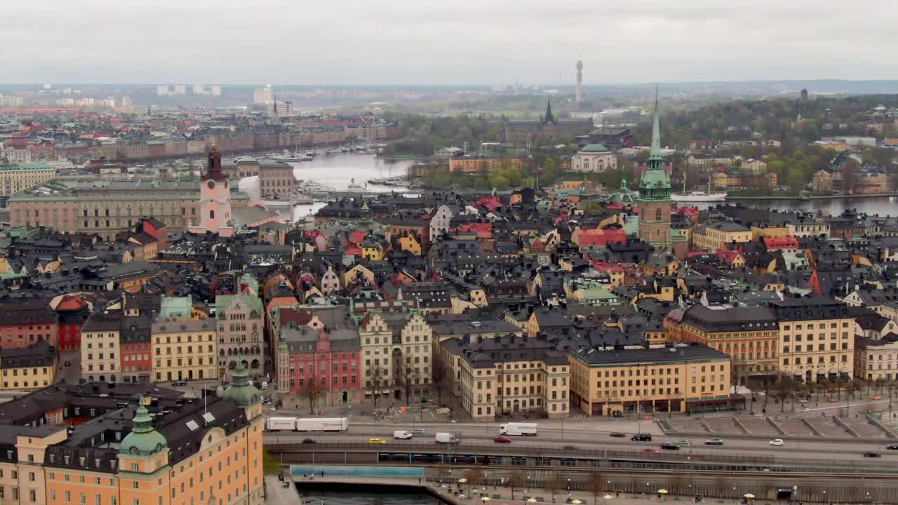 Bird's eye view over old town in Stockholm, Sweden on early spring day