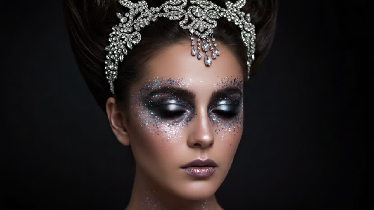 Enchanting Portrait of a Glamorous Model Showcasing Intricate Makeup and Jewelry, Exuding Elegance and Mystique with Shimmering Details Under Dramatic Lighting