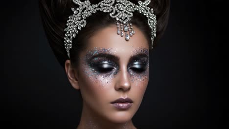 enchanting portrait of a glamorous model showcasing intricate makeup and jewelry, exuding elegance and mystique with shimmering details under dramatic lighting